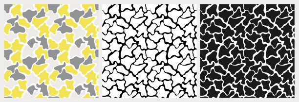 三套自由无缝向量图案与抽象斑马样斑点，潘通2021颜色:灰色，白色背景上的黄色，黑白图案图片下载