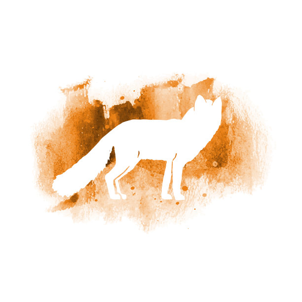 矢量剪影的狐狸。水彩画与孤立的动物在橙色颜色。平面插图和水彩飞溅。图片下载
