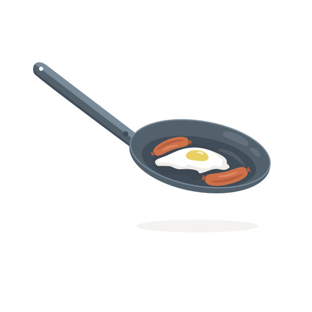 在煎锅里煎蛋和香肠。经典的清淡早餐。两根香肠和一个鸡蛋。矢量插图。平的风格。孤立的元素图片下载