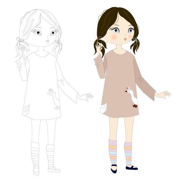 可爱的小女孩穿着米色裙子和一只鹅。矢量插图。着色页面。图片下载