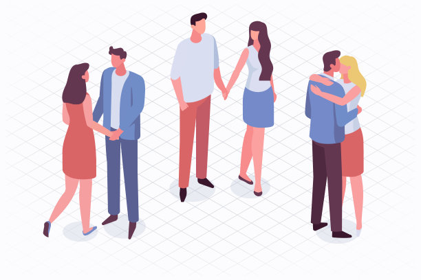 相爱的情侣花时间在一起，等距的人向量集孤立在白色。男人和女人。图片下载
