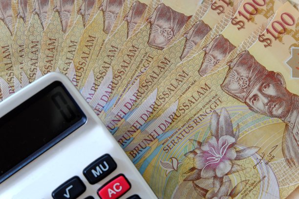 近距离观看文莱达鲁萨兰国银行钞票。钱和计算器。美元。图片下载