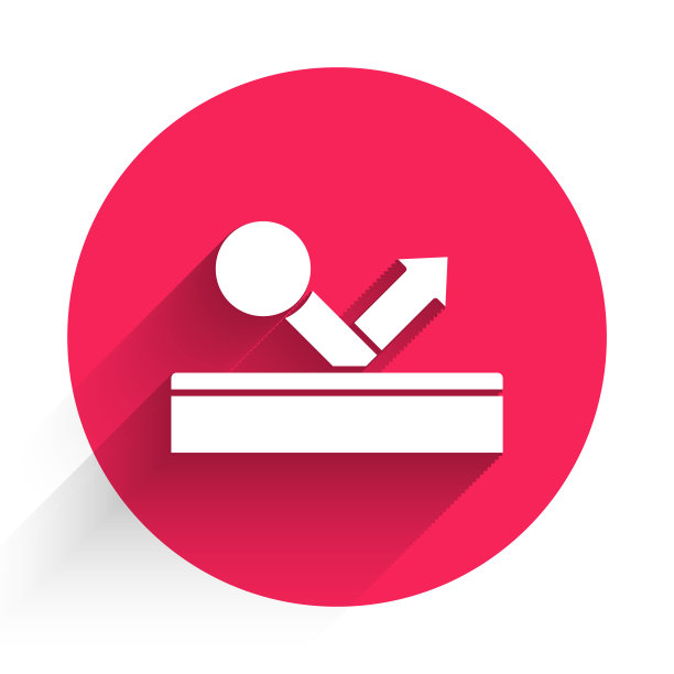 白色台球台球与数字8图标孤立与长影子。红色圆圈按钮。向量图片下载