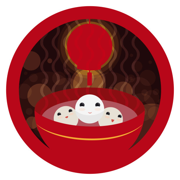 可爱的汤圆甜点在一个碗里与灯笼的钮扣图片下载