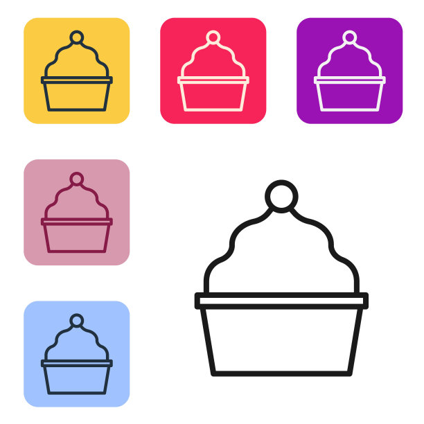 黑色线蛋糕图标孤立在白色背景。生日快乐。设置图标的颜色方形按钮。向量图片下载