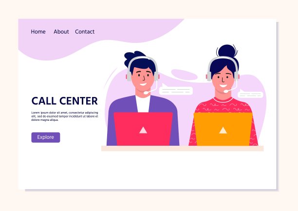 呼叫中心操作员登陆网页。带着耳机的卡通人物微笑的办公室职员。客户协助，热线接线员，顾问经理，客户支持，电话协助图片下载