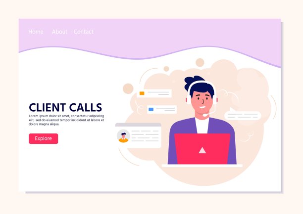 呼叫中心操作员网页登陆页。带着耳机的卡通人物微笑的办公室职员。客户协助，热线接线员，顾问经理，客户支持，客户电话图片下载