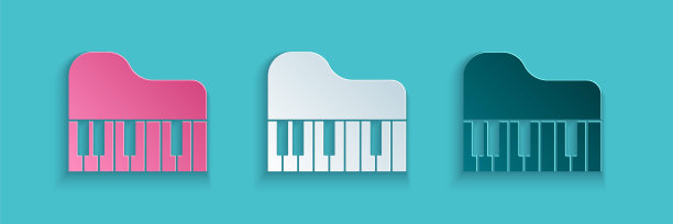 剪纸大钢琴图标孤立在蓝色背景。乐器。纸艺术风格。向量图片下载
