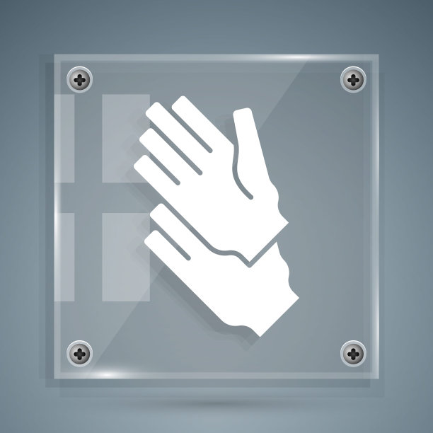 白色橡胶手套图标孤立在灰色背景。乳胶手保护标志。家务清洁设备符号。方形玻璃面板。向量图片下载