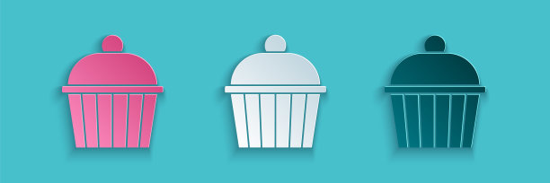 剪纸蛋糕图标孤立在蓝色背景。生日快乐。纸艺术风格。向量图片下载