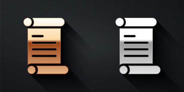 金和银法令，纸，羊皮纸，卷轴图标图标孤立在黑色的背景。长长的阴影风格。向量图片下载