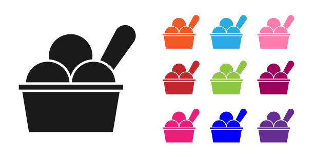 黑色的冰淇淋碗图标孤立在白色的背景。甜蜜的象征。设置图标丰富多彩。向量图片下载