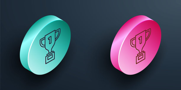等距线奖杯图标孤立在黑色背景。冠军奖杯的象征。冠军或比赛奖杯。体育成就的迹象。绿松石和粉红色的圆形按钮。向量图片下载