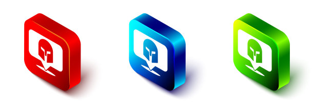 等距希腊头盔图标孤立在白色背景。用羽毛或马毛制成的头饰保护士兵的古董头盔。红、蓝、绿方形按钮。向量图片下载