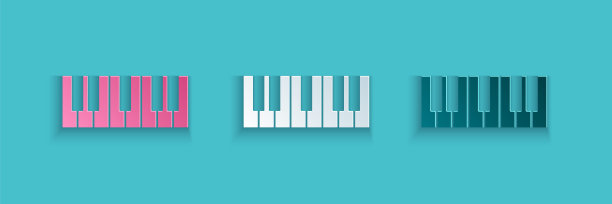 剪纸音乐合成器图标孤立在蓝色背景。电子钢琴。纸艺术风格。向量图片下载