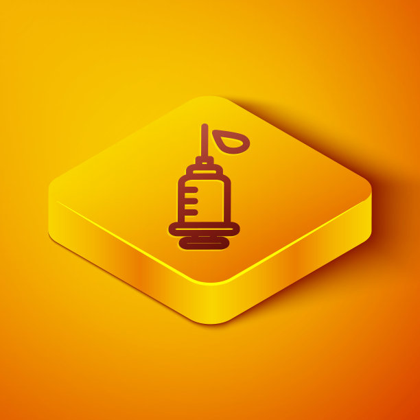 等距线注射器图标隔离在橙色背景。注射疫苗，接种疫苗，注射，流感疫苗。医疗设备。黄色正方形按钮。向量图片下载