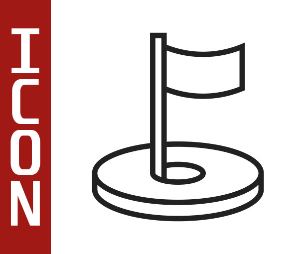 黑线高尔夫球洞与旗帜图标孤立在白色背景。向量图片下载