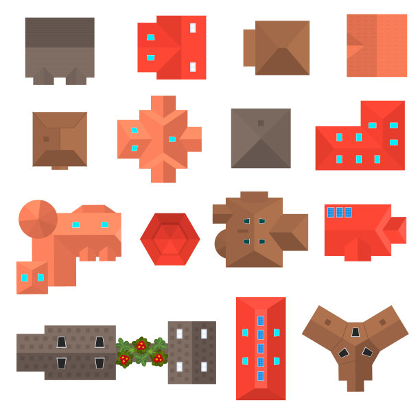 卡通色彩建筑屋顶顶视图图标集。向量图片下载