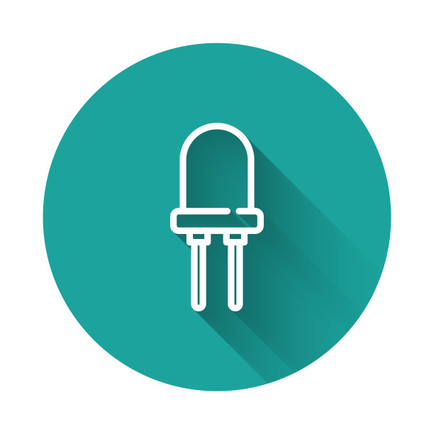 白色线发光二极管图标隔离与长阴影背景。半导体二极管电气元件。绿色圆圈按钮。向量图片下载