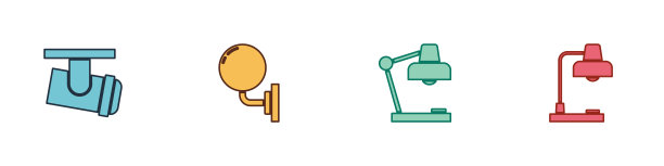 设置Led轨道灯和灯具，墙壁或壁灯，桌子和图标。向量图片下载