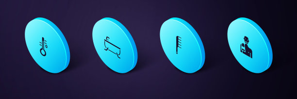 设置等距男人在桑拿，发刷，浴缸和桑拿温度计图标。向量图片下载