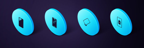 设置等距智能手机电池充电，防震，手机破碎的屏幕和图标。向量图片下载