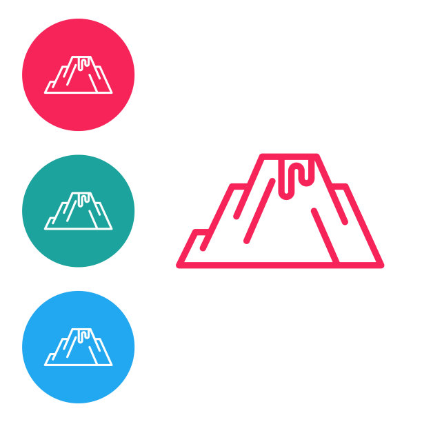 红色线火山喷发与熔岩图标孤立在白色背景。在圆形按钮中设置图标。向量图片下载