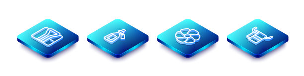 在衣架图标上设置等距线浴袍，精油瓶，花和毛巾。向量图片下载