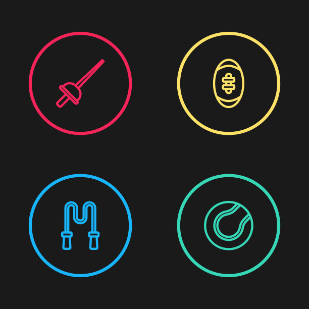 设线跳绳，网球，橄榄球和击剑图标。向量图片下载