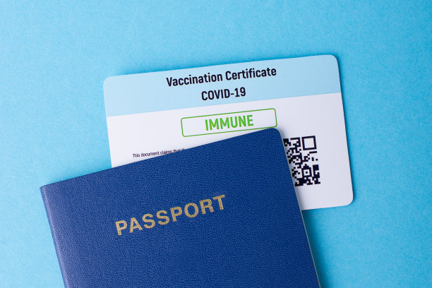护照和预防接种证明书在蓝色的桌子上图片下载