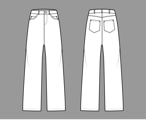 宽松牛仔裤牛仔裤技术时尚插图，全长，低腰，上升，5口袋，铆钉，皮带环图片下载