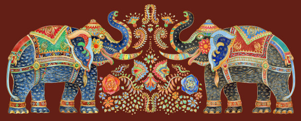 婚礼复古问候，请柬，情人节贺卡用水彩画幻想华丽的大象，装饰鲜花花束孤立在深红酒的背景图片下载