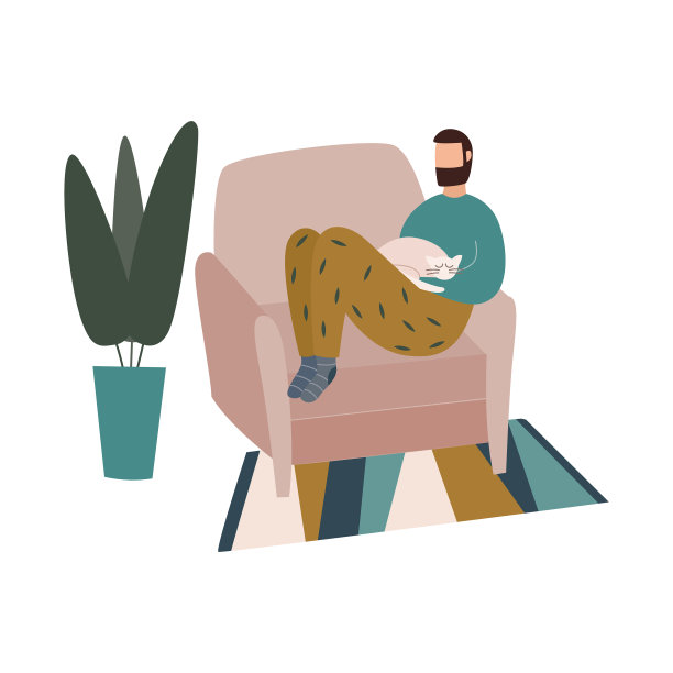 男人坐在家里舒适的椅子和宠物公寓图片下载