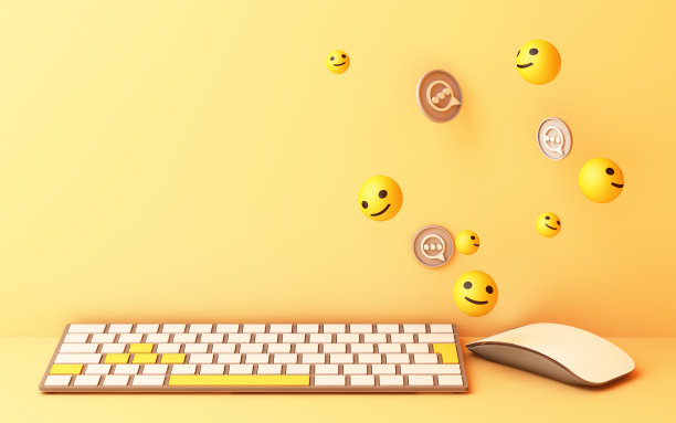 电脑键盘与黄色微笑键和微笑脸在黄色背景-社交网络概念3d渲染图片下载