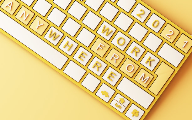 电脑键盘，黄色文字，黄色背景- covid-19概念3d渲染图片下载