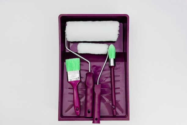 白色的油漆滚筒和绿色的刷子放在紫色的特殊浴缸或沟里。图片下载