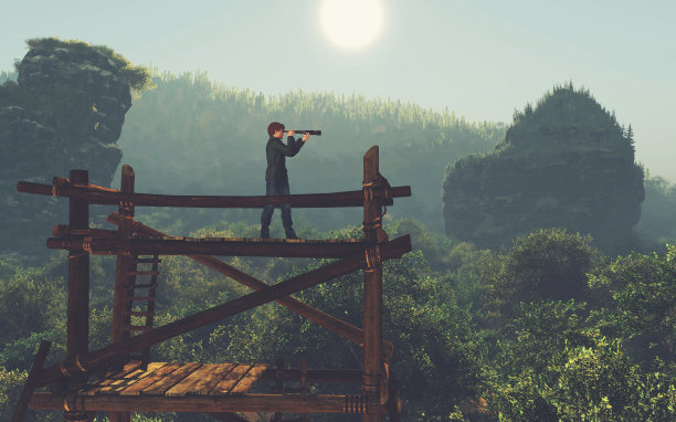 木塔上的人用双筒望远镜观察。这是一个3d渲染图。图片下载