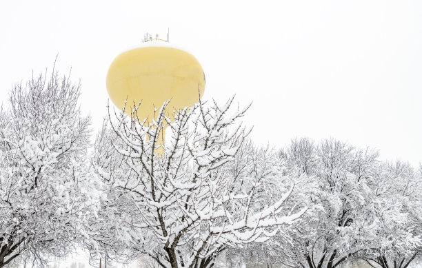 黄色的城市水塔俯瞰白雪覆盖的树木图片下载