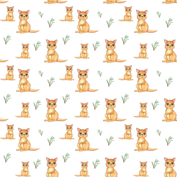 可爱袋鼠图案，澳洲野生动物图案，水彩画袋鼠无缝图案，儿童背景，澳洲动物图案图片下载