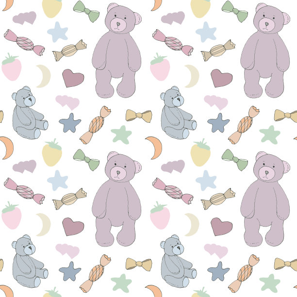 无缝图案与两个可爱的毛绒熊，糖果和星星在白色的背景。手绘插图涂鸦风格，柔和的颜色。图片下载
