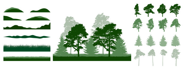 构造夏季林地，景观。美丽的云杉、松树、其他树木、草地、小山的剪影。创造美丽的公园、森林等。设计元素的集合。矢量图图片下载