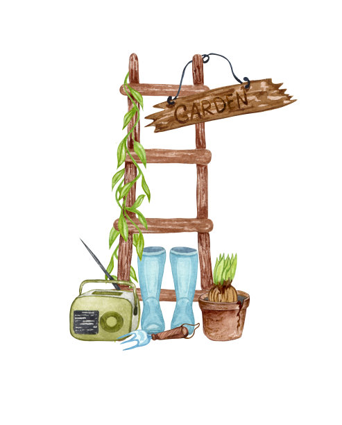 水彩画一套花园物体(梯子，橡胶靴子，花盆，太阳椅，收音机)。园艺工具。春天花园插图。图片下载