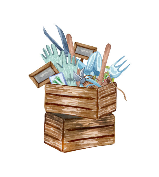 水彩花园物体的集合。带乐器的木盒，花盆。园艺工具。春天花园插图。图片下载