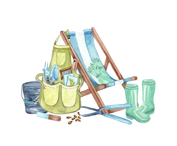 水彩花园对象(围裙，橡胶靴子，浇篮，花盆，太阳椅)。园艺工具。春天花园插图图片下载