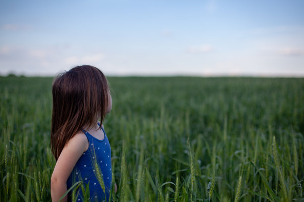 快乐的姑娘走在绿色的麦田里，享受着田野里的生活。大自然的美丽，蓝天和麦田。自由的概念图片下载