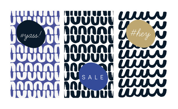 集最小的复古故事，社交媒体帖子，网络横幅。春天夏天出售。有机设计波浪曲线线状条纹图案组成。奇特的手绘形状。黑白蓝。酷酷的斯堪的纳维亚风格传单卡片窗口展示图片下载