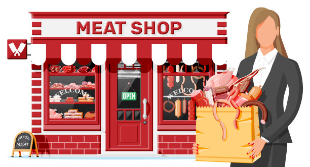 肉铺店门面有女顾客。图片下载
