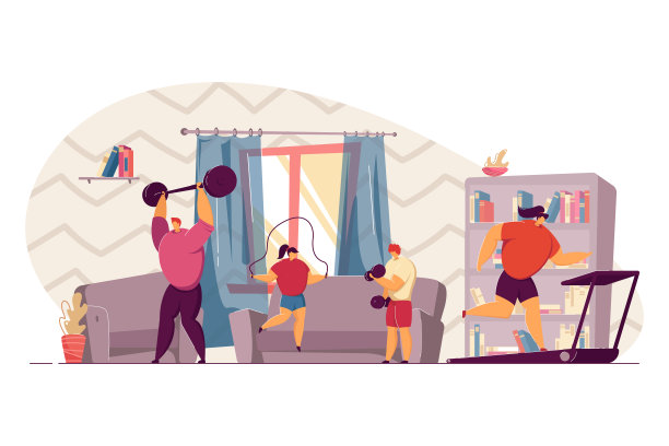 一对家庭夫妇和两个孩子在家里做运动图片下载