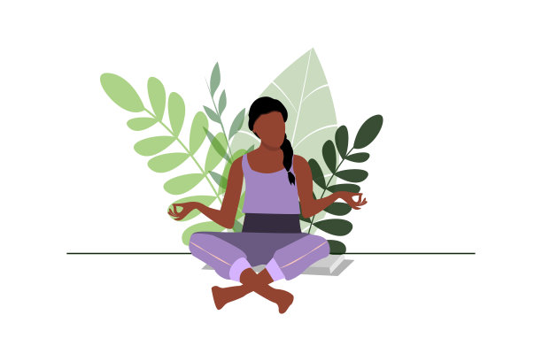 这个女孩以莲花坐姿冥想。矢量插图的一个角色做瑜伽对植物的背景。平面设计图片下载