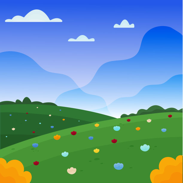 矢量插图的一个花田。蓝色的落日和浮云划过天空。图片下载